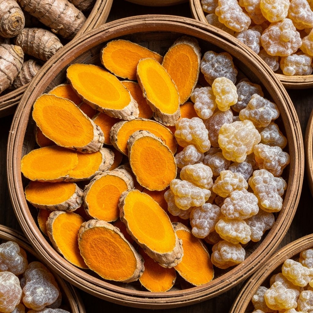 Dried turmeric slices and resin chunks